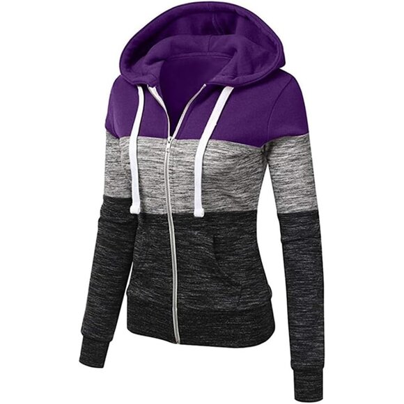 Women's Color Block Hoodie Zip-Up Jersey Jacket Plus Size Casual Top - Picture 2 of 4